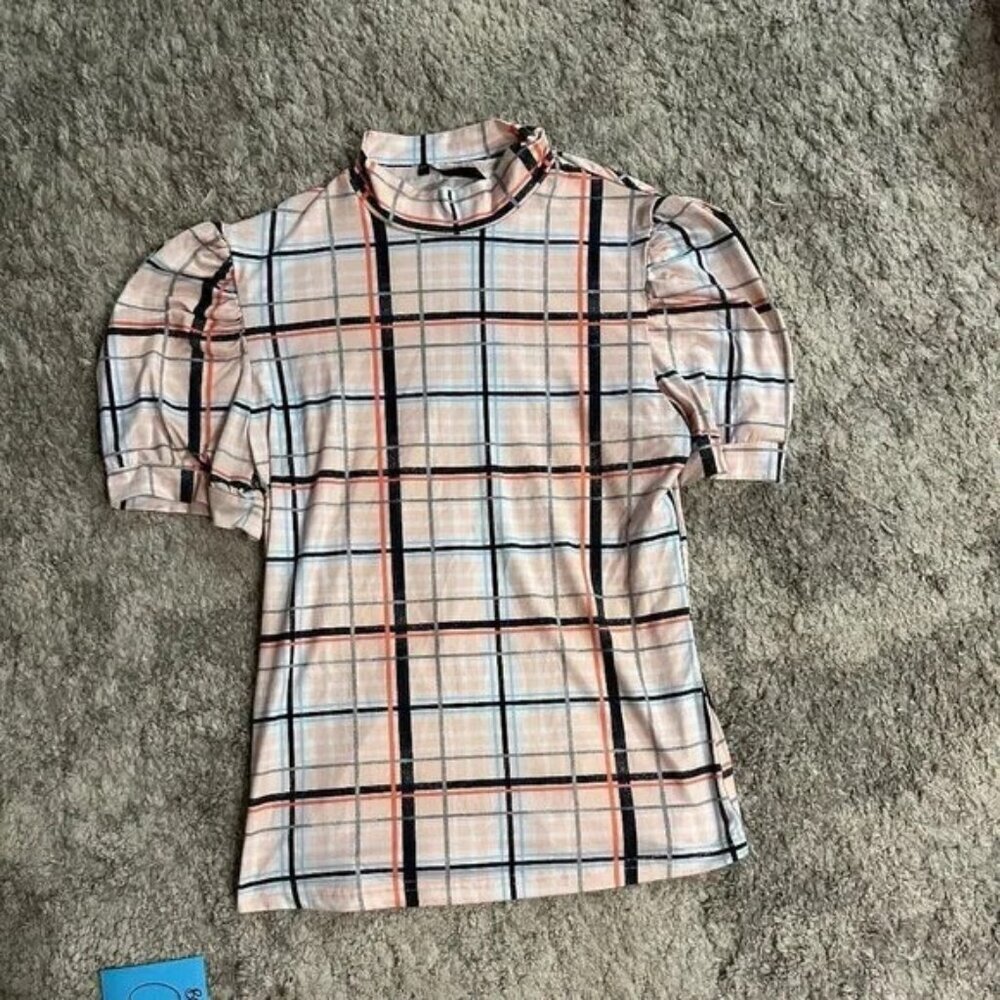 Peach Blue Black Striped Plaid High Neck Puff Sleeve Women's Blouse - Picture 3 of 8